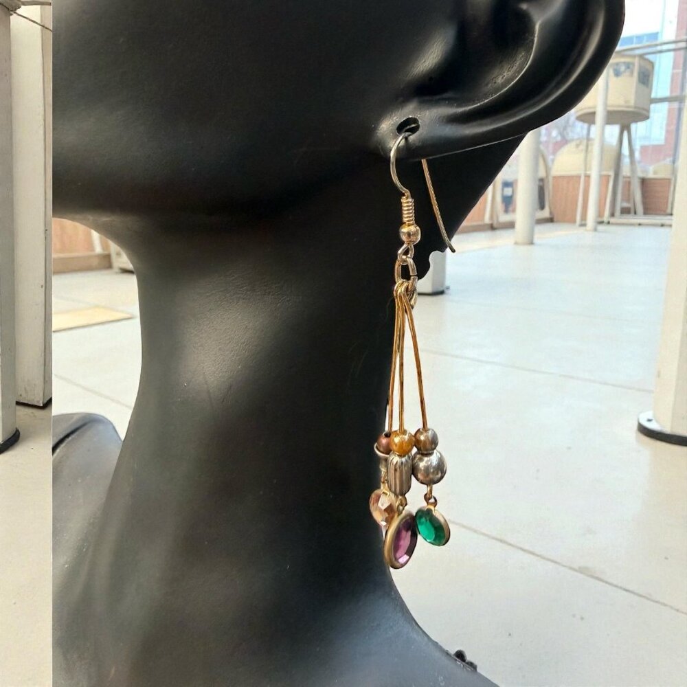 VINTAGE Gold-Tone Triple Strand Multicolor Crystal Earrings & Mixed Metal Beads - Picture 5 of 7